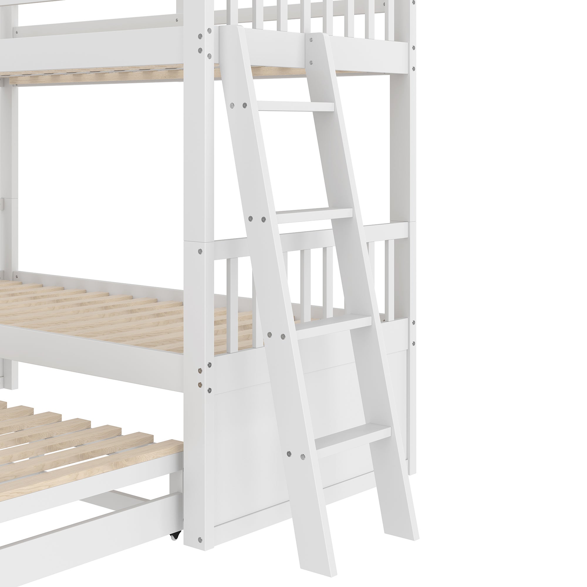 Lit superposé enfant 90x200cm avec échelle, lit gigogne et 3 tiroirs, pin + MDF, blanc, matelas non inclus - 8