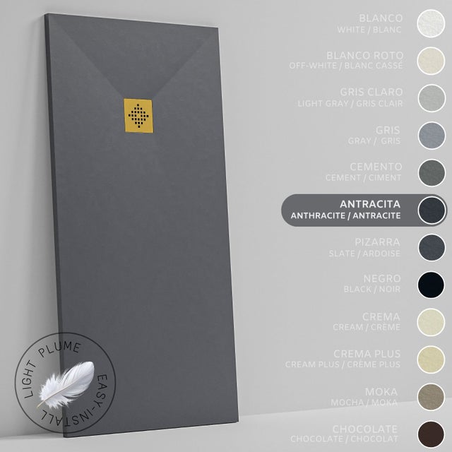 SOULHOME Lekki Brodzik z Żywicy tekstura Łupka antracytowy – 170x75- cm Ultra-płaski Zawiera Syfon i Kratkę Gold