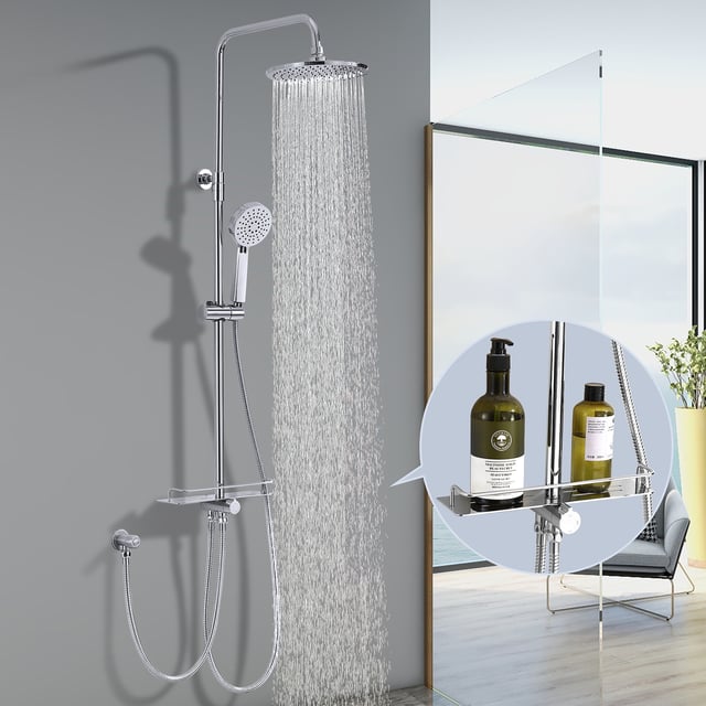 Colonne de Douche Chromé Sans Mitigeur, Réglable en Hauteur 750-1100 mm, Sans Percement Supplémentaire, avec Étagère et Douchette 3 Modes, en Inox