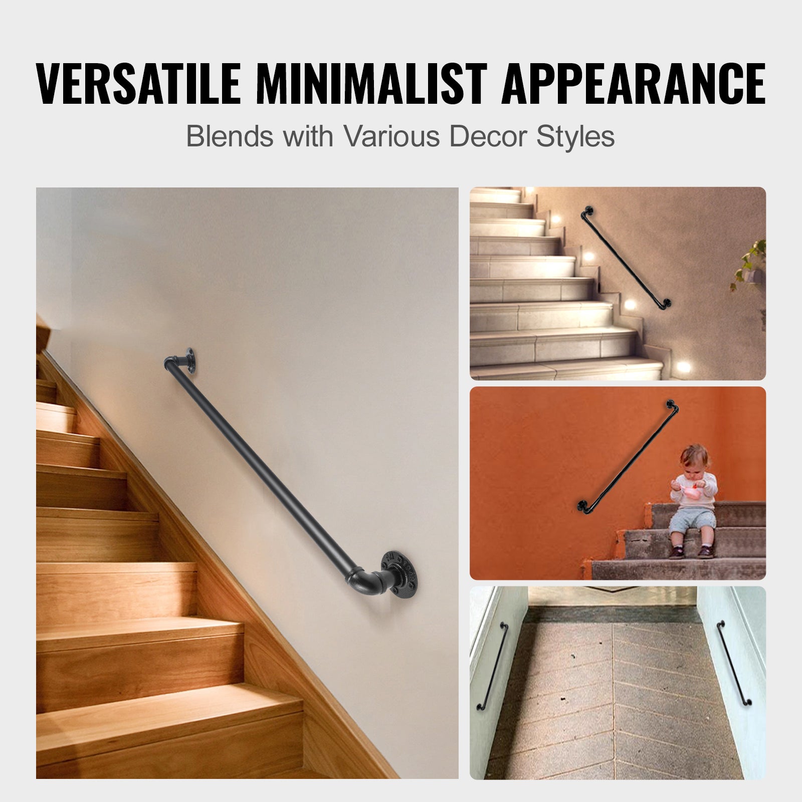 Rampe d'escalier en tube SucceBuy 3 pieds,capacité charge 440 lb,acier au carbone,support mural industriel,coin rond pour intérieur et extérieur - 8