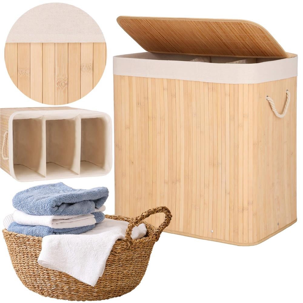 Cos rufe bambus pliabil captuseala detasabila lavabila 3 compartimente, 63x42x62 cm, 150l, maro