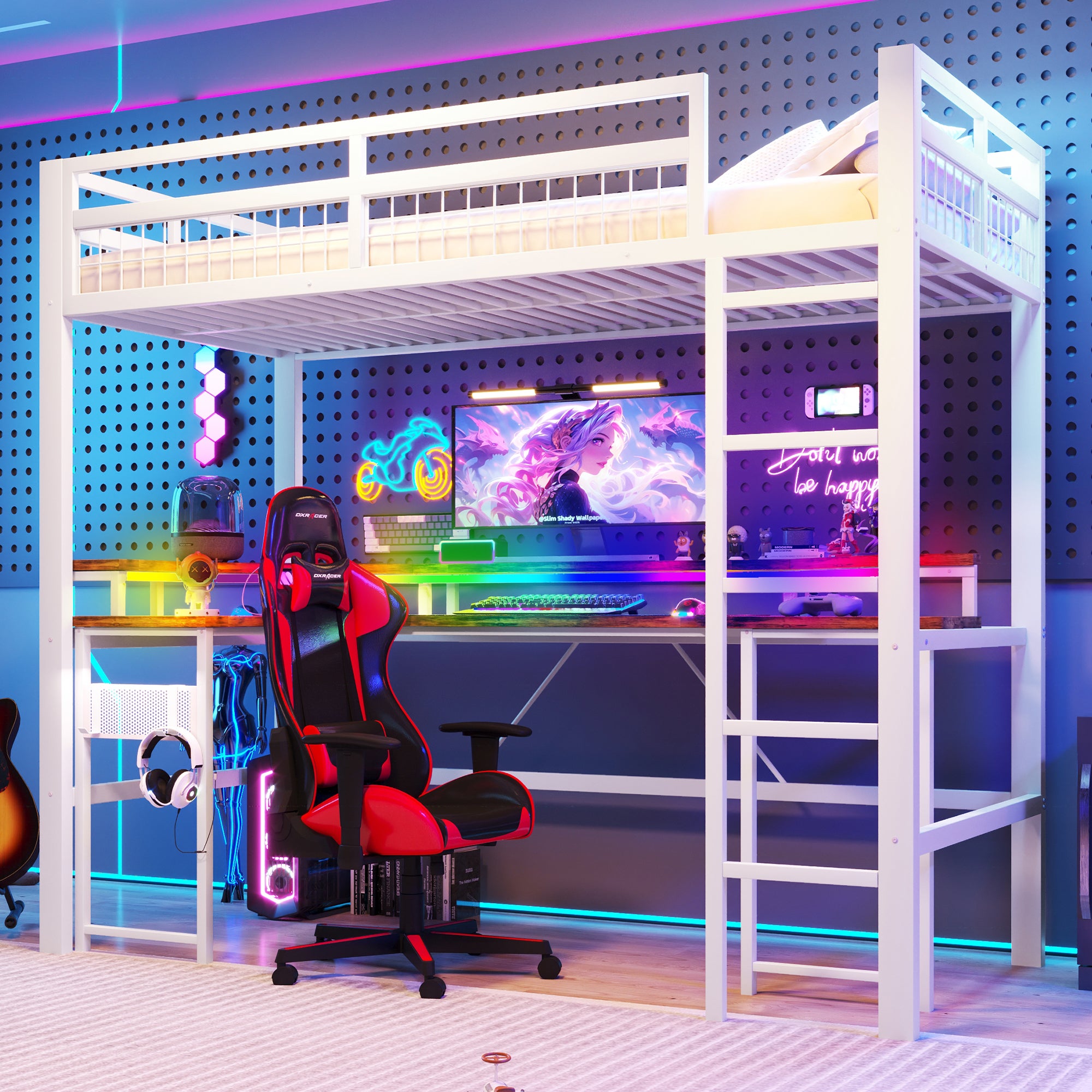 Łóżko Piętrowe (Typ Mezzanine) 90x200cm z Biurkiem, Paskiem LED RGB, Portami USB/Type-C i Gniazdkami, Rama Metalowa, Tablica Perforowana, Białe