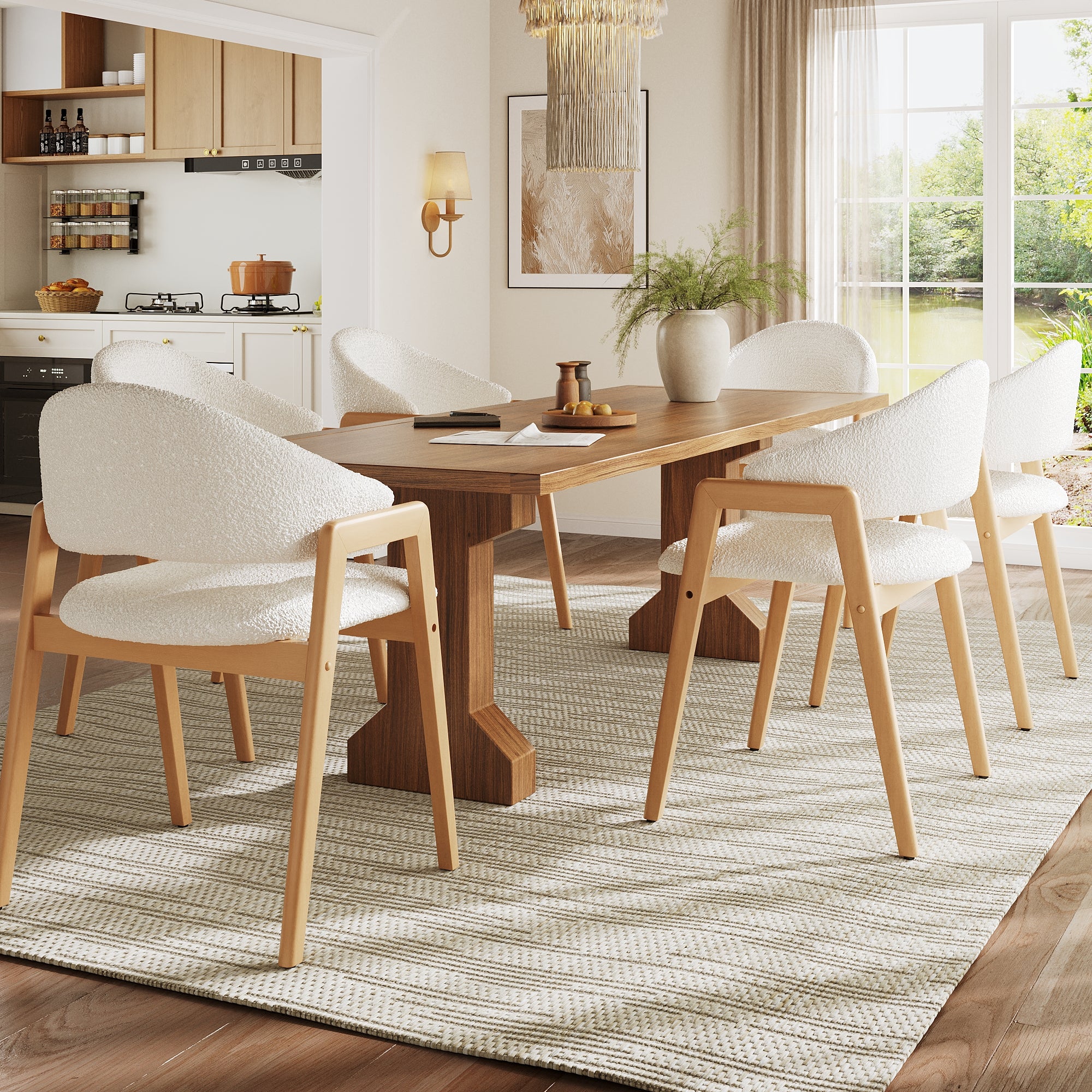 Zestaw 6 krzeseł do jadalni z podłokietnikami i oparciem – 57,5 x 45,5 x 82,5 cm – tkanina syntetyczna wełna, nogi z drewna kauczukowego – białe