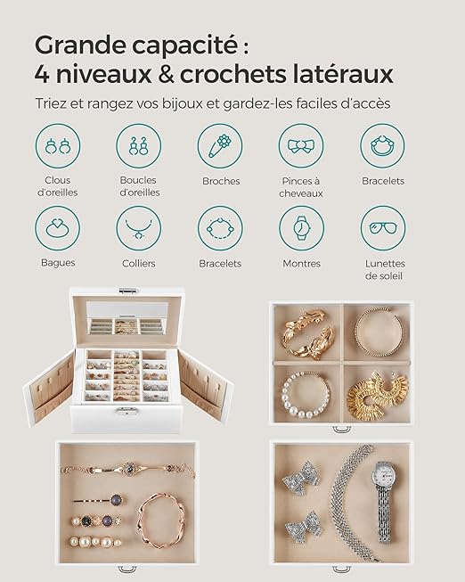 Boîte à Bijoux 4 Niveaux, avec Poignées, 3 Tiroirs, Miroir, Serrure, Rangement pour Bijoux pour Voyages, Blanc Classique - 3
