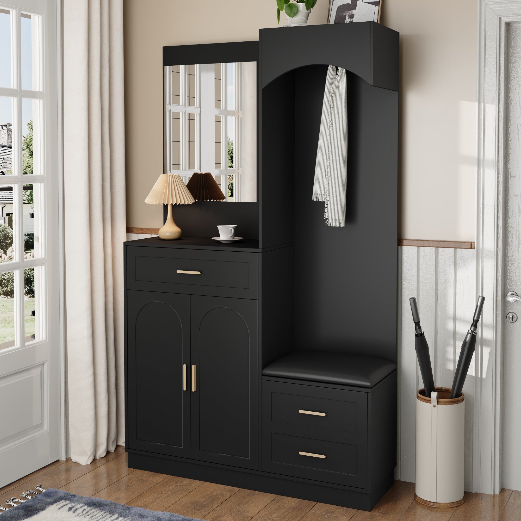 Beaok  Perchero Contemporáneo Para Recibidor Con Espejo Y Espacio De Almacenamiento Oculto, Mueble De Entrada Multifuncional De Aglomerado, Negro , Leroy Merlin