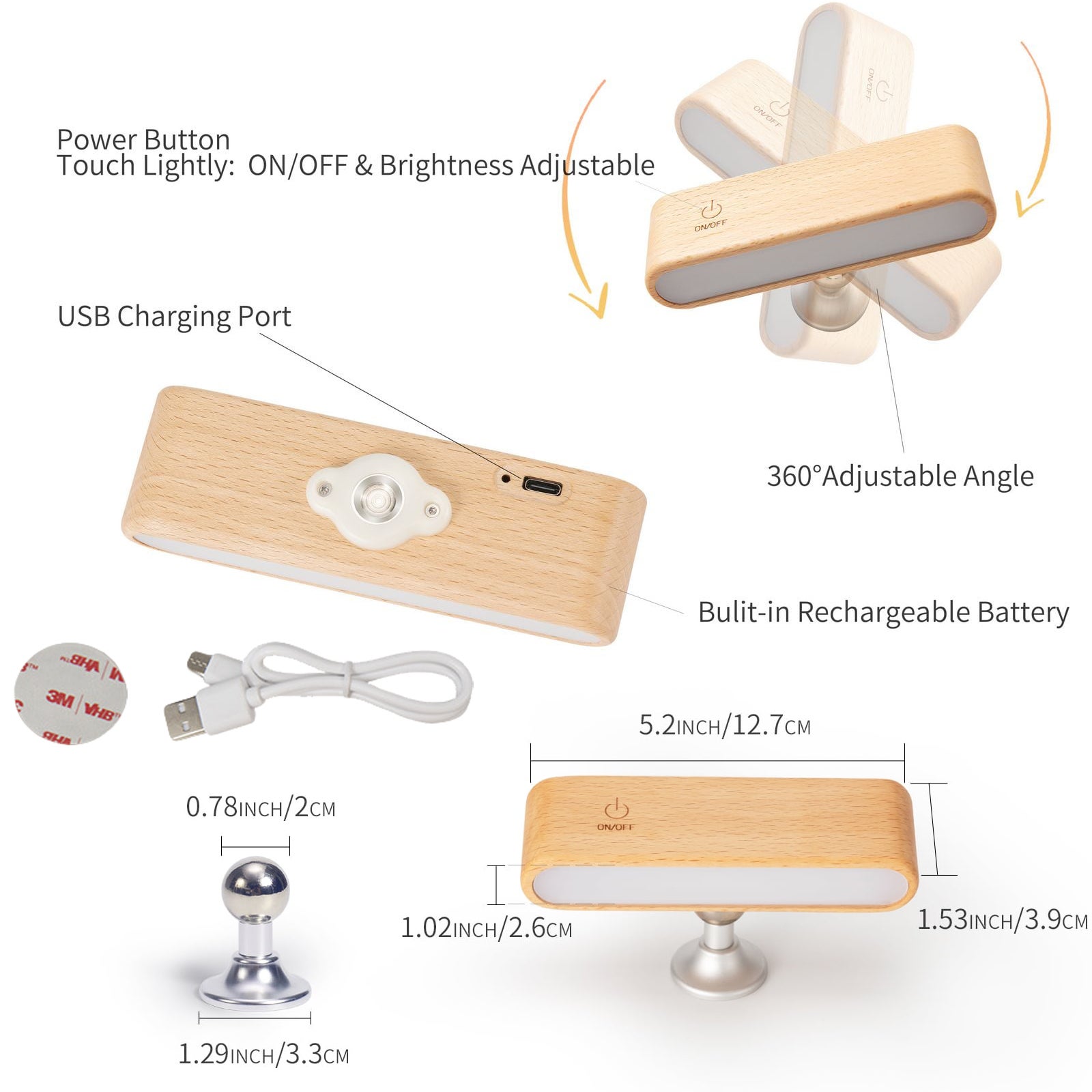Lámpara de pared LED recargable, luz nocturna magnética con brillo ajustable, lámpara de lectura táctil giratoria de 360° - 5