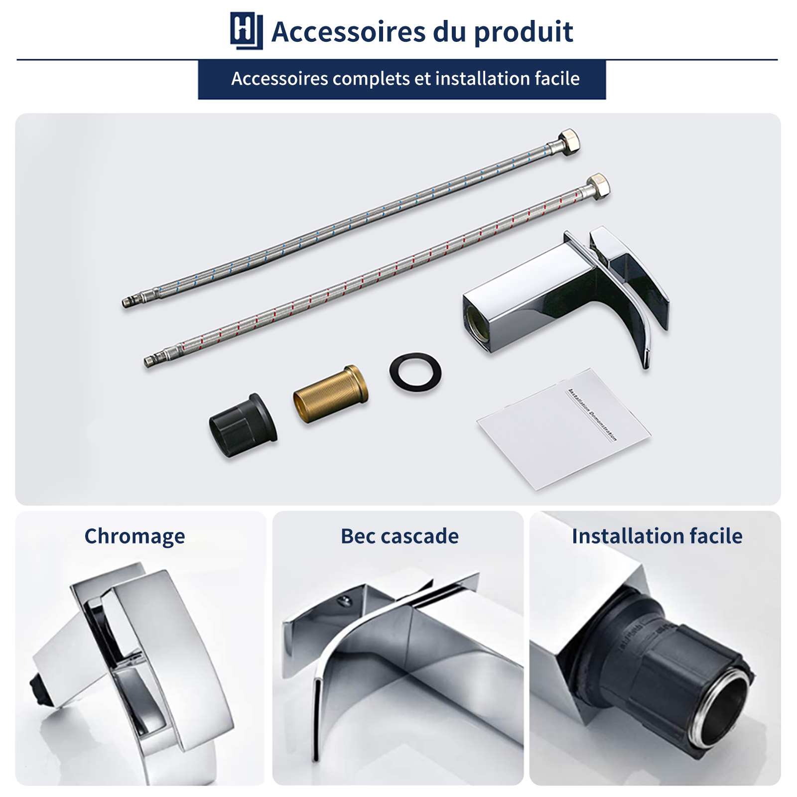 Mitigeur de Lavabo Chromé en Laiton avec Levier Unique, Robinet Salle de Bain Cascade Eau Chaude et Froide pour Lave-Mains - 8