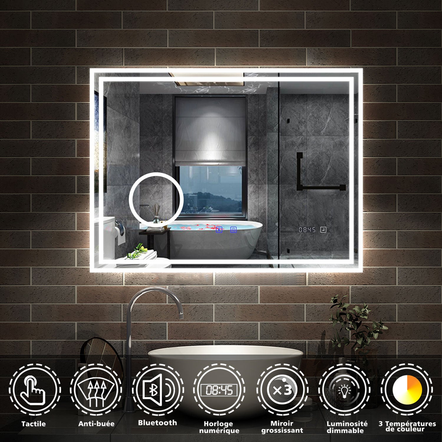 Miroir Salle De Bain LED AICA 120x70cm - Bluetooth, Anti-Buée, Dimmable, Loupe 3X