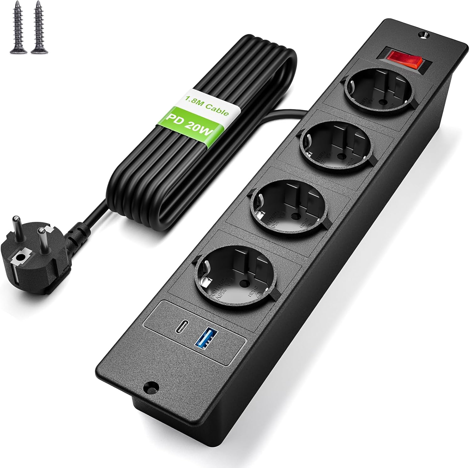 Multiprise Encastrable 4 Prises, Prise Encastrable Plan de Travail avec USB C PD 20 W, Multiprise de Table avec Interrupteur - 8