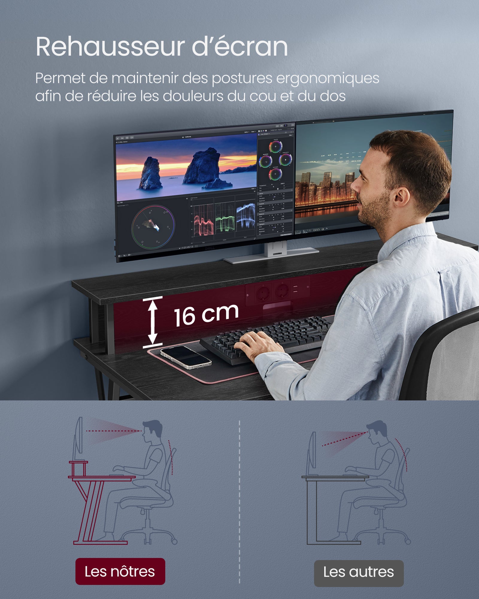 Bureau Gaming avec LED et Multiprise, Bureau Informatique avec Rehausseur d’Écran, 60 x 120 x 75 cm, Noir Boisé - 6