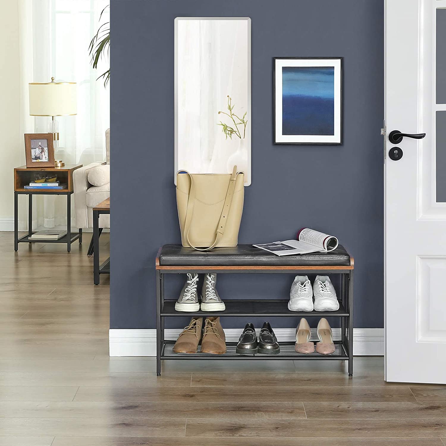 Banc À Chaussures, banquette Rembourrée Avec Étagères En Maille, marron Rustique - 3