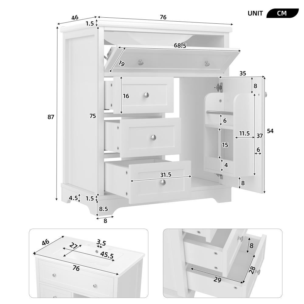 Meuble vasque salle de bain blanc 76 cm – 3 tiroirs silencieux, rangement, vasque céramique – 76x46x87 cm - 6