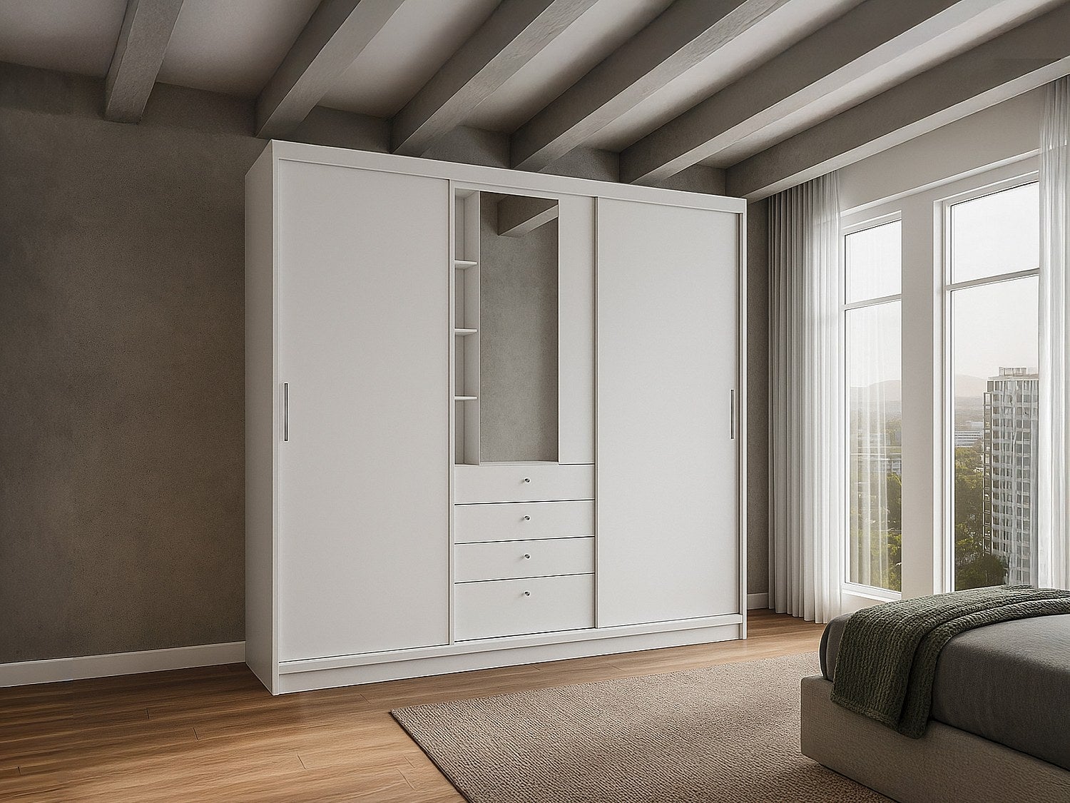 Armoire 2 portes coulissantes - Miroir et tiroirs - L240cm - Coloris : Blanc - BODIL - 6