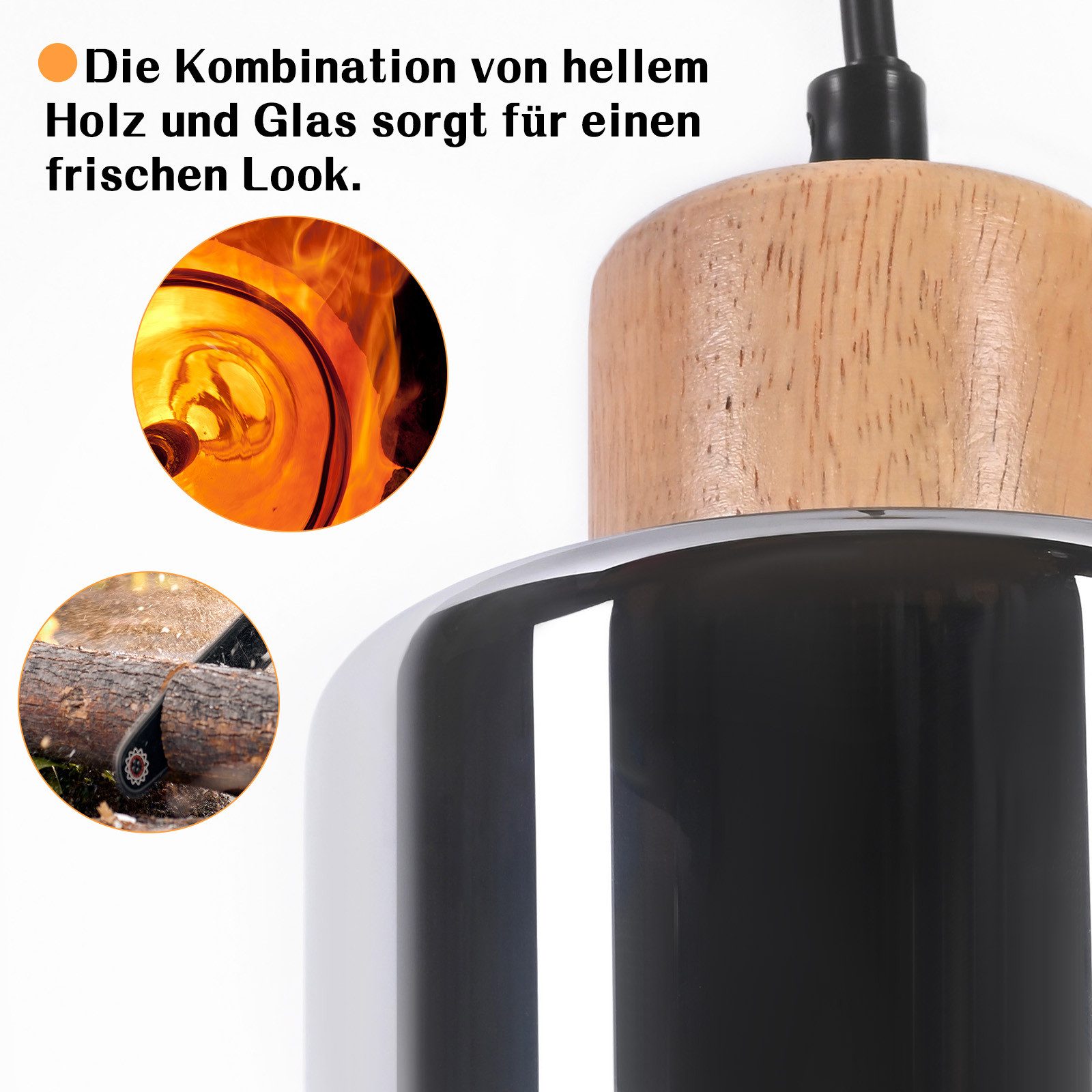 NETTLIFE Suspension en bois, lampe suspendue E27, lampe de table à manger vintage en verre - 4