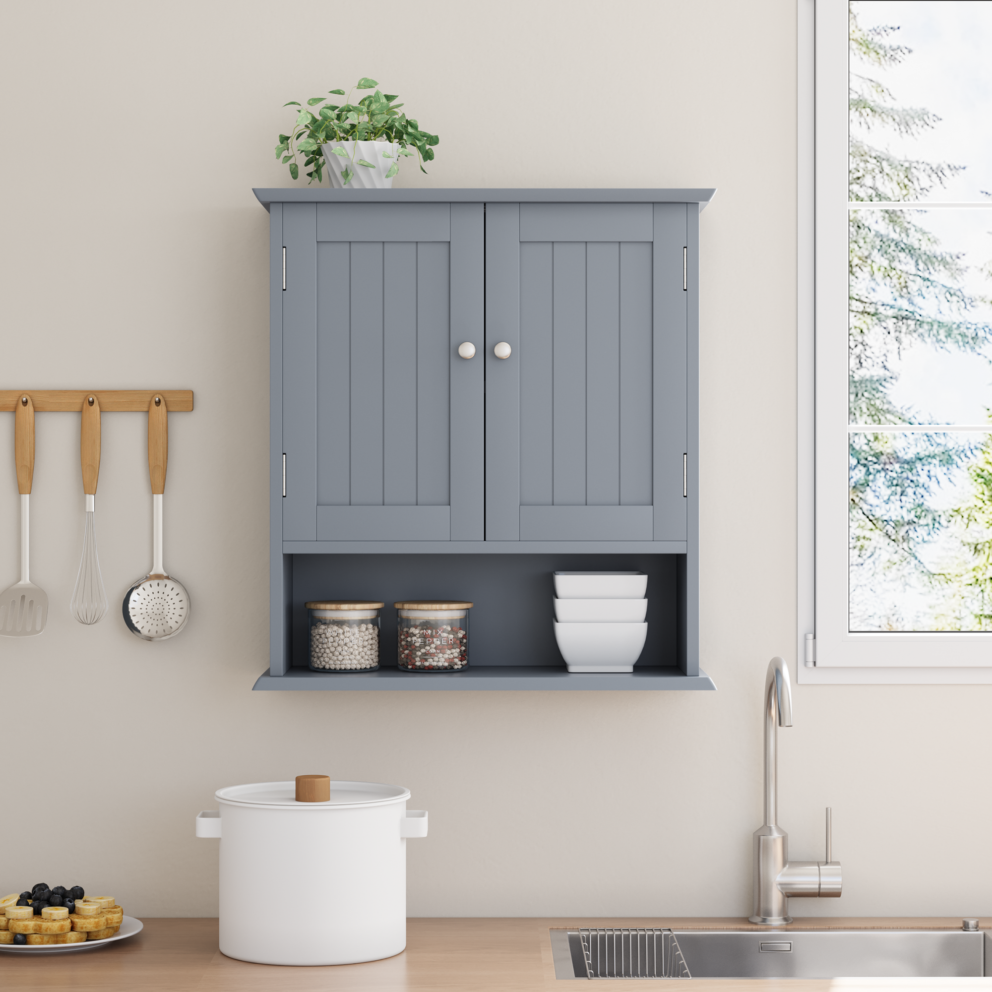 Mueble de baño, mueble de baño con estante de pared con 2 puertas y estantes abiertos, estante de pared para inodoro, botiquín de baño - 3