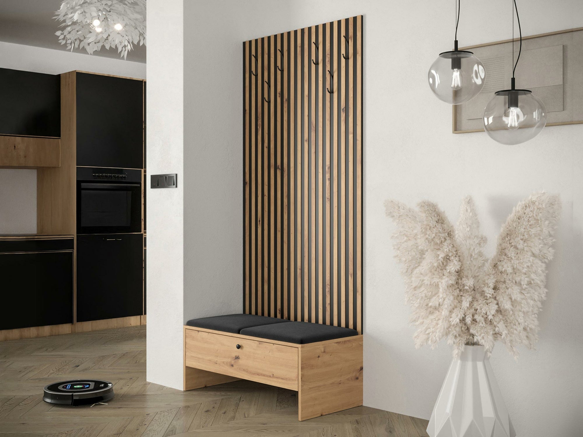 Meuble d'entrée Donio IV, 206x85x44cm, Chêne Artisan, Noir, Stratifié, Tissu, À poser - 2