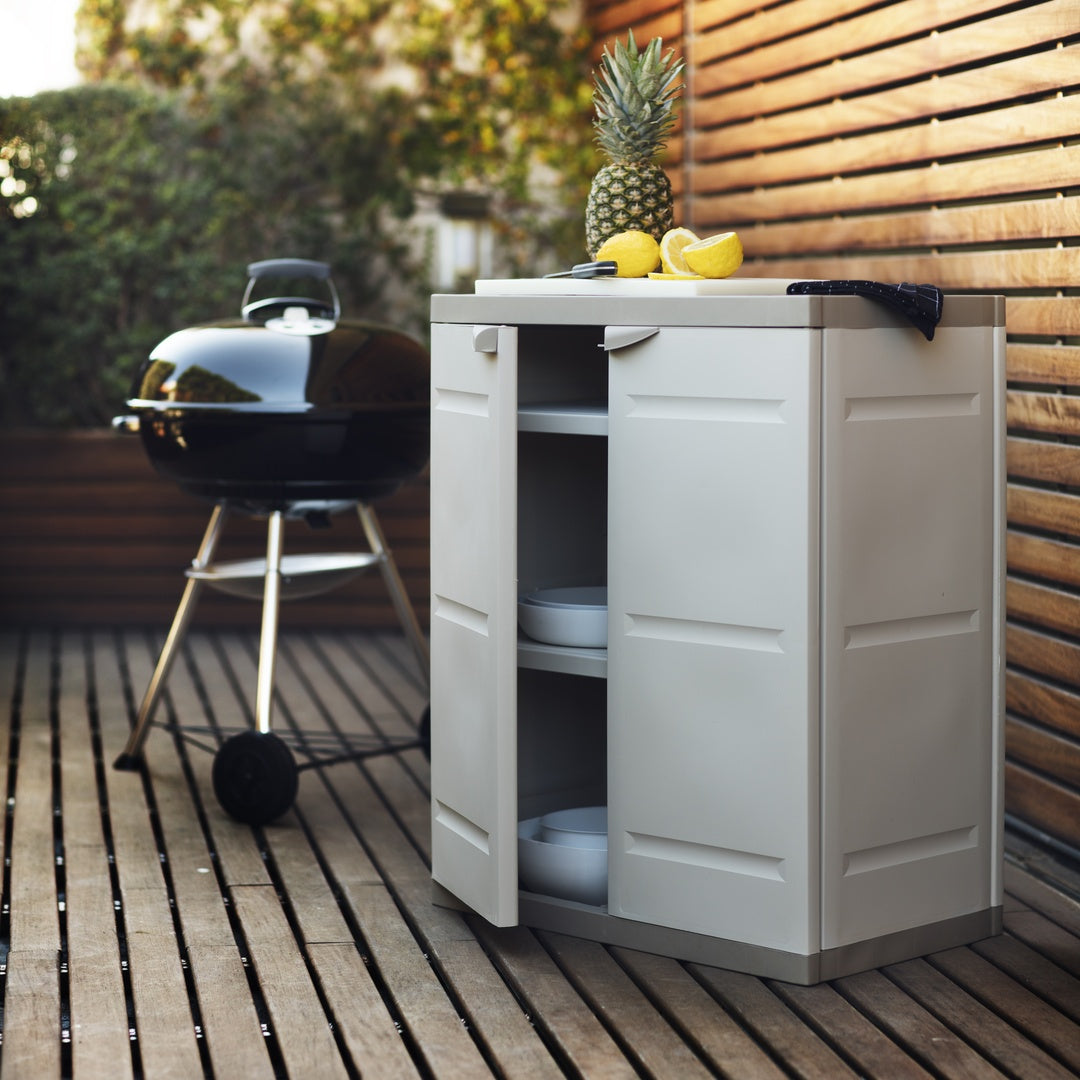 TITANIUM PLASTIKEN Armoire basse 2 portes avec etageres l70 x p44 x h88 cm Beige et Taupe Gamme TITANIUM Interieur/Exterieur - 6