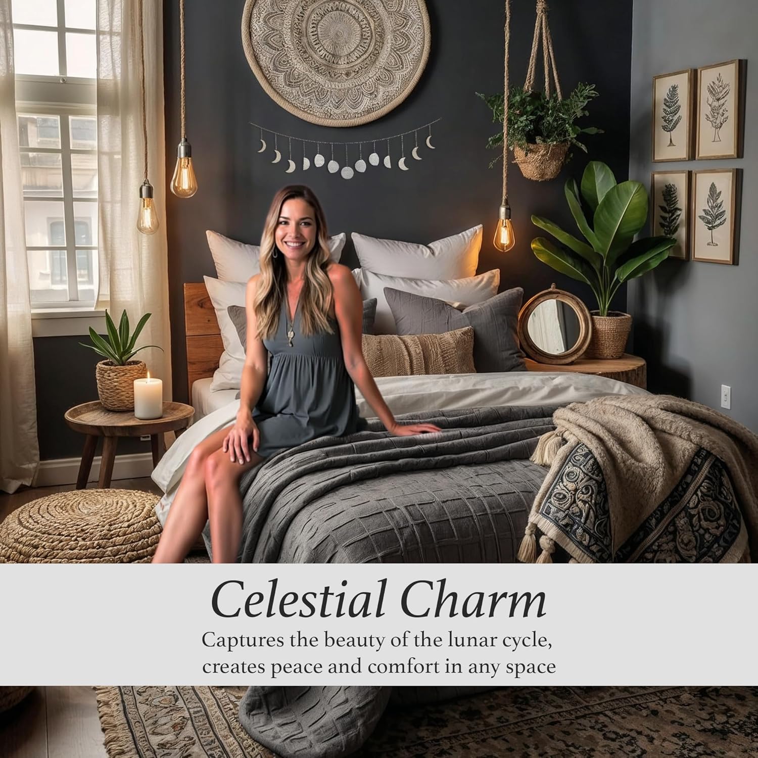 Décoration murale phase de lune,art mural doré pour chambre, style bohème, guirlande murale en métal de 91 cm (13 phases de la lune),argent - 2