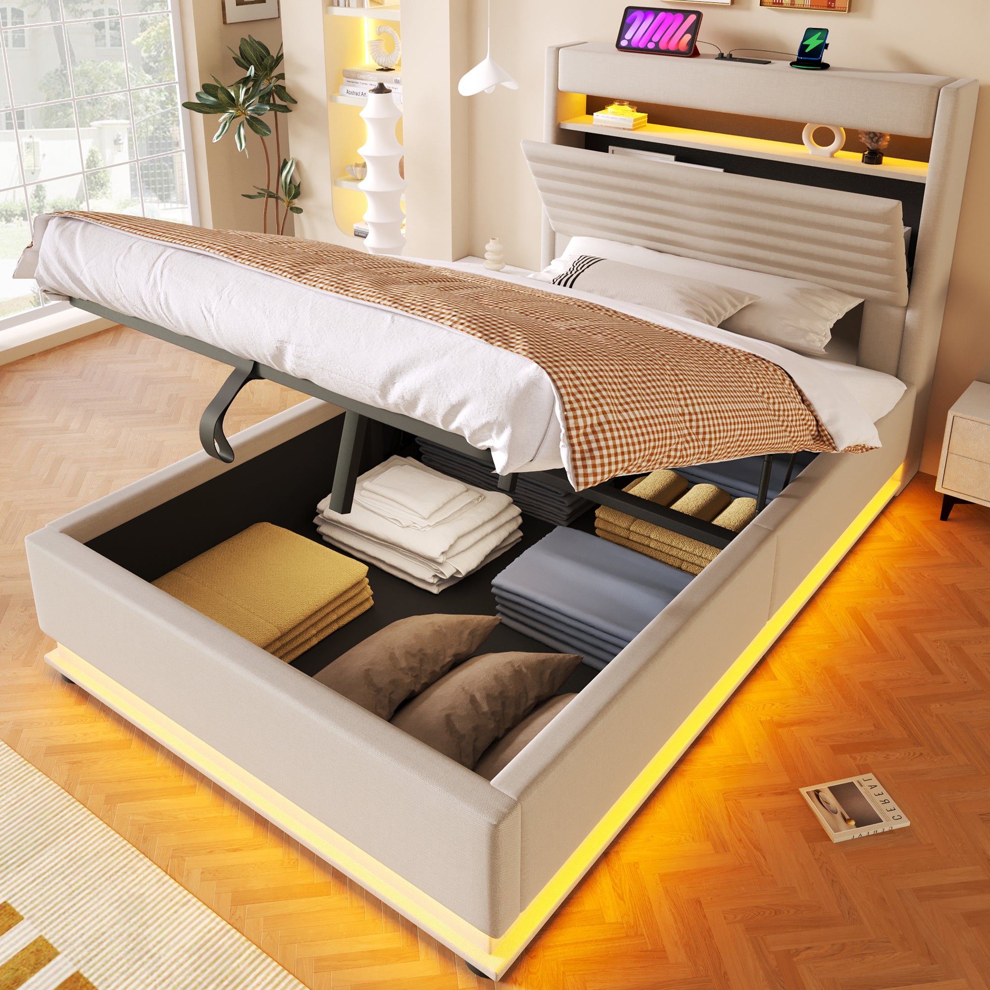 Łóżko 90 x 200 cm ze składanym zagłówkiem i portami USB/Type-C – tkanina lniana – diody LED – beżowe (materac nie jest wliczony w cenę)