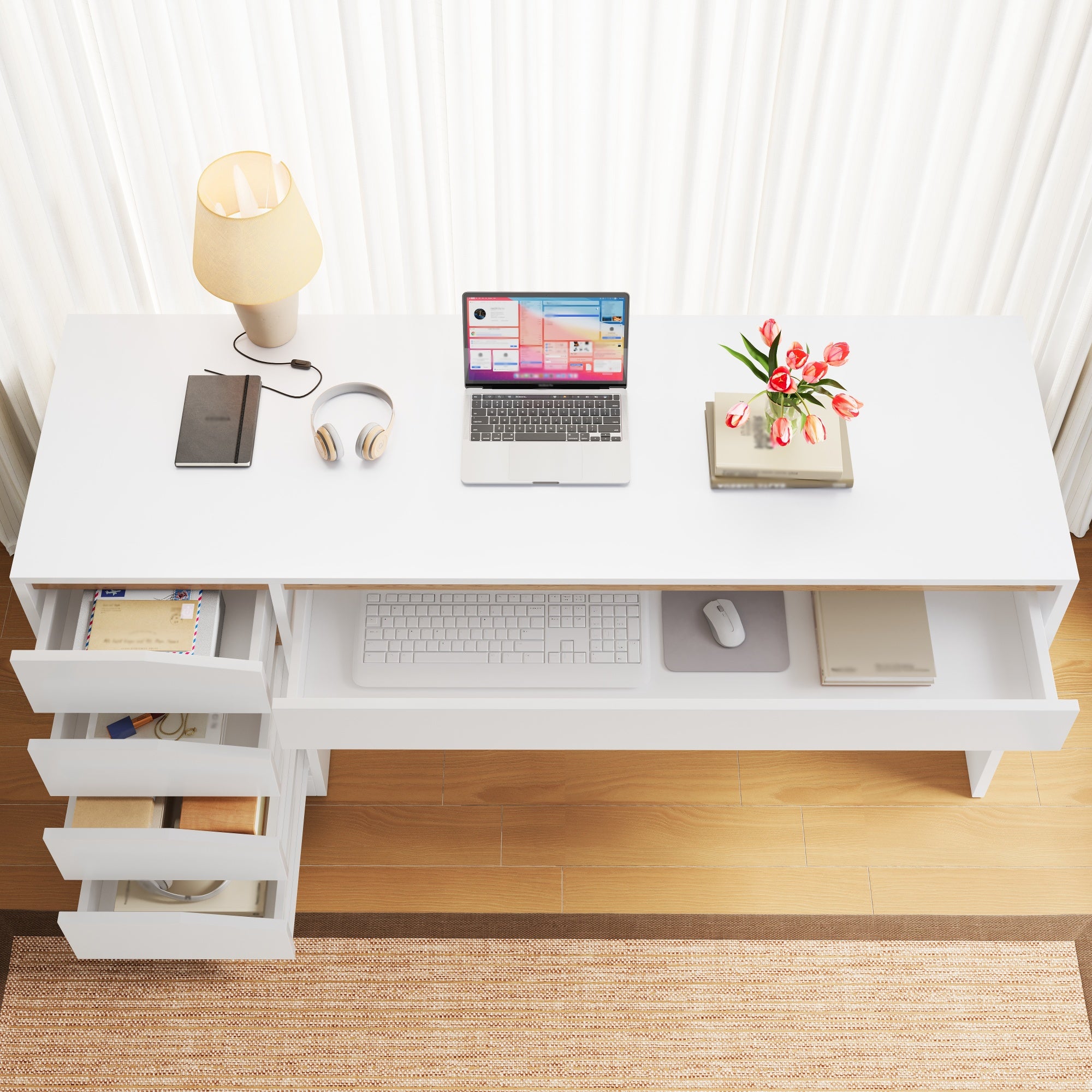Bureau avec 5 tiroirs - Bureau informatique ou coiffeuse - Panneaux de particules - 140 x 50 x 78 cm - Blanc et chêne - 5