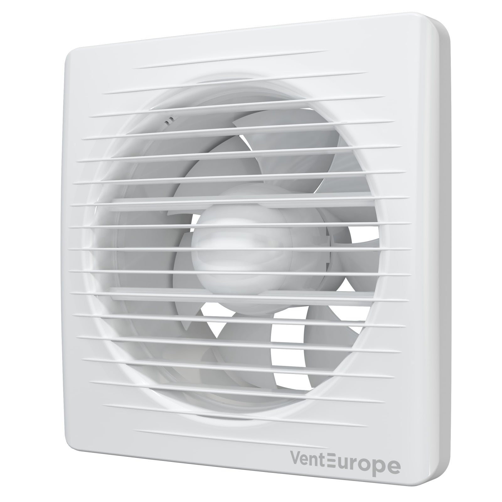 Ventilator de perete VentEurope CLASSIC150, patrat, diametru 150 mm, debit 290 mc/h, 16W, IP24, cu indicator luminos si plasa anti-insecte, Alb