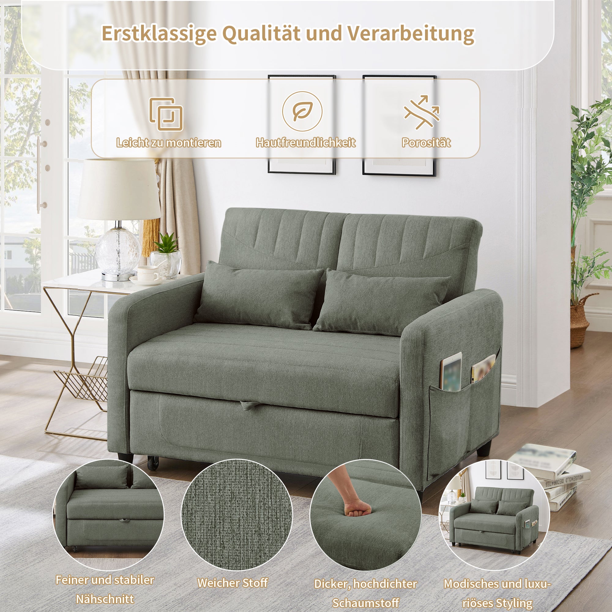 Sofa rozkładana 2-osobowa z 3-stopniową regulacją oparcia - 114 x 77 x 82,5 cm - Tkanina bawełniano-lniana - Zielony - 5