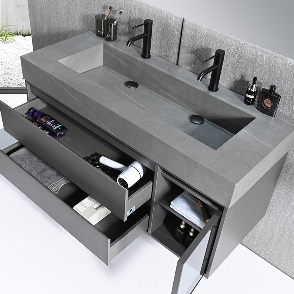 Meuble salle de bain double vasque 120cm gris et effet marbre gris avec miroir LED LB-8512G-120 - 3