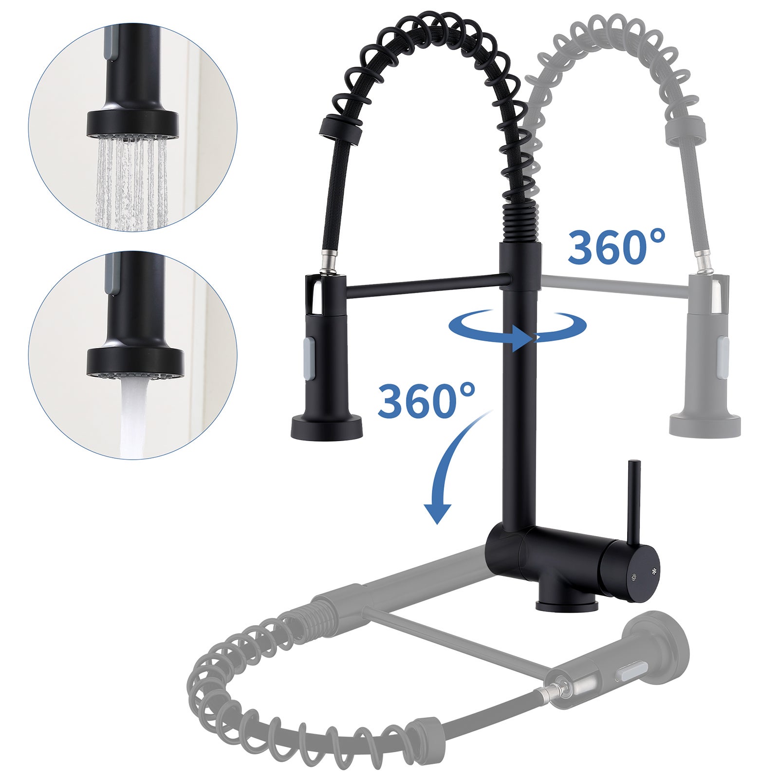 Grifo mezclador de cocina plegable negro con cabezal extraíble con resorte, rotación de 360°, agua caliente y fría disponible