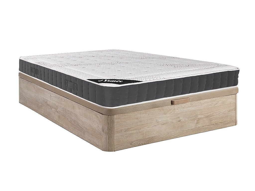 Zestaw 140 x 190 cm stelaż ze skrzynią naturalny jasny + materac o grub. 27 cm ze sprężynami kieszeniowymi i pamięcią kształtu - ATLANTIDE marki YSMÉE