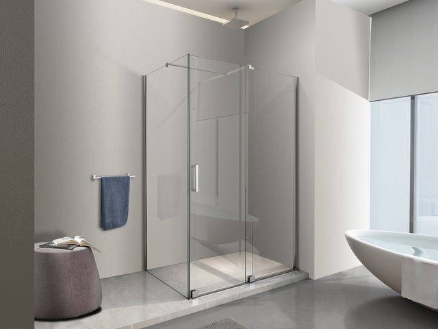 NALA Cabine de douche d'angle - panneau latéral fixe et porte frontale coulissante sans cadre H 200 en chrome transparent Cm 90 (88-90)x180 (176-181)