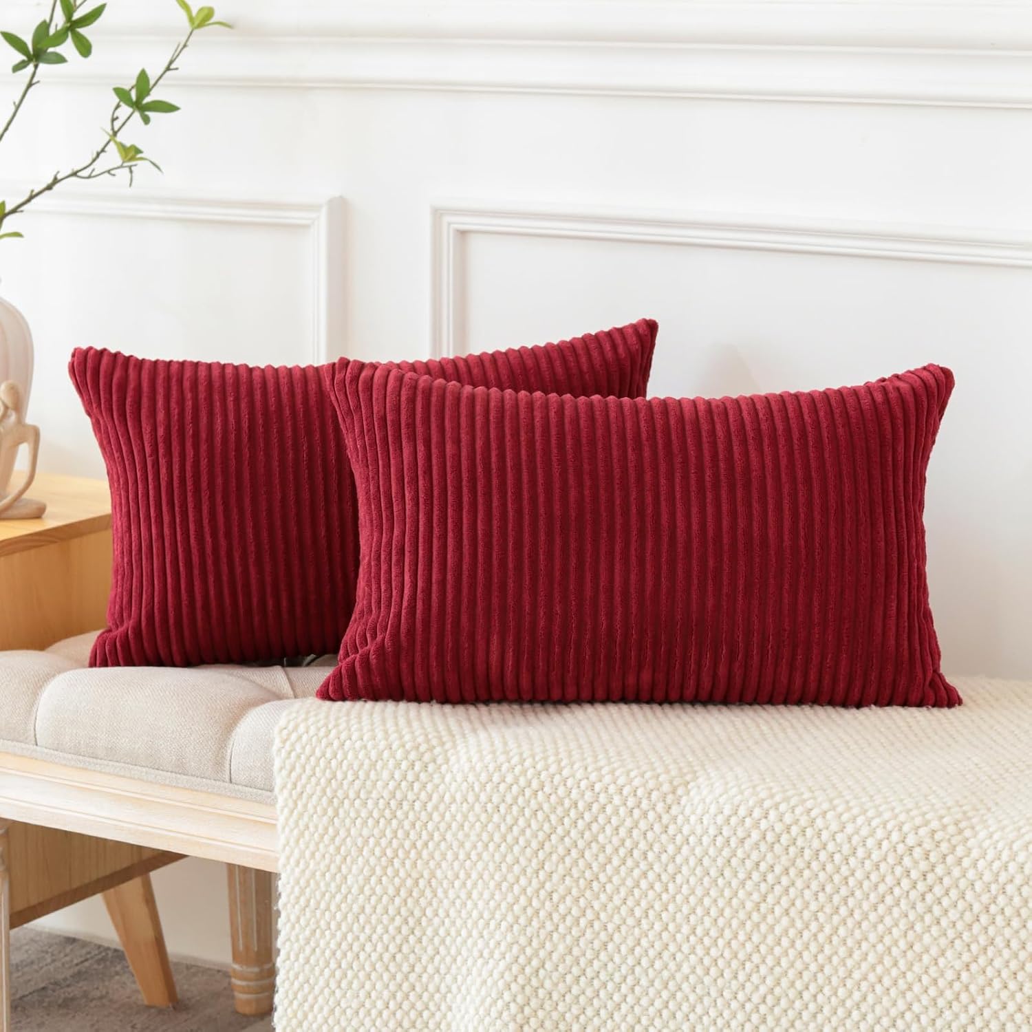 Housses de coussin en velours côtelé (lot de 2) pour coussins de canapé décoratifs, housses de coussin décoratives douces, 30 x 50 cm, bordeaux - 3