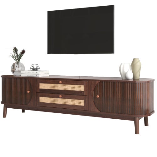 Meuble TV 170 cm en Bois Massif et Rotin, Meuble TV Bas avec 2 tiroirs et 2 portes coulissantes - Marron - 9