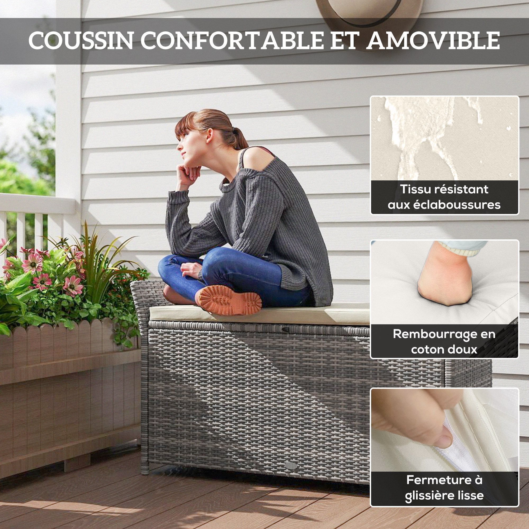 Banc coffre de rangement extérieur en résine tressée 250L avec coussin amovible,pour jardin,balcon,blanc - 7