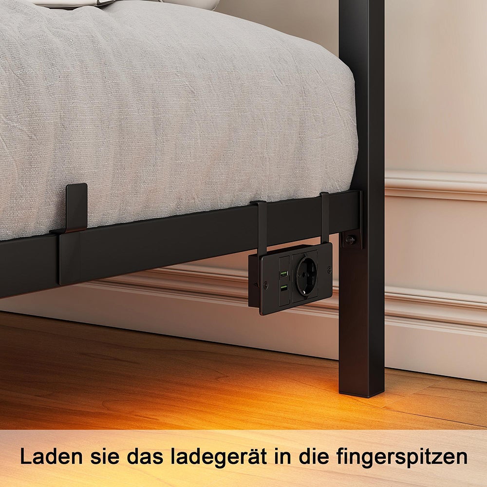 Rama łóżka podwójnego z oświetleniem LED i stacją ładującą z zagłówkiem, zawieszona rama łóżka, metal - 120 x 200 cm - 9