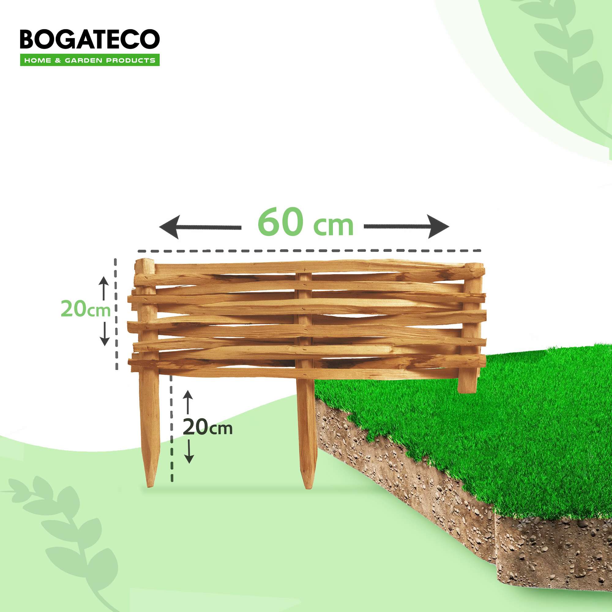 BOGATECO Lot de 3 Bordures de Jardin en Noisetier Brun - Longueur 60 cm - Hauteur 20 cm - Clôture à Planter Imprégnée - Support de Parterre - 2