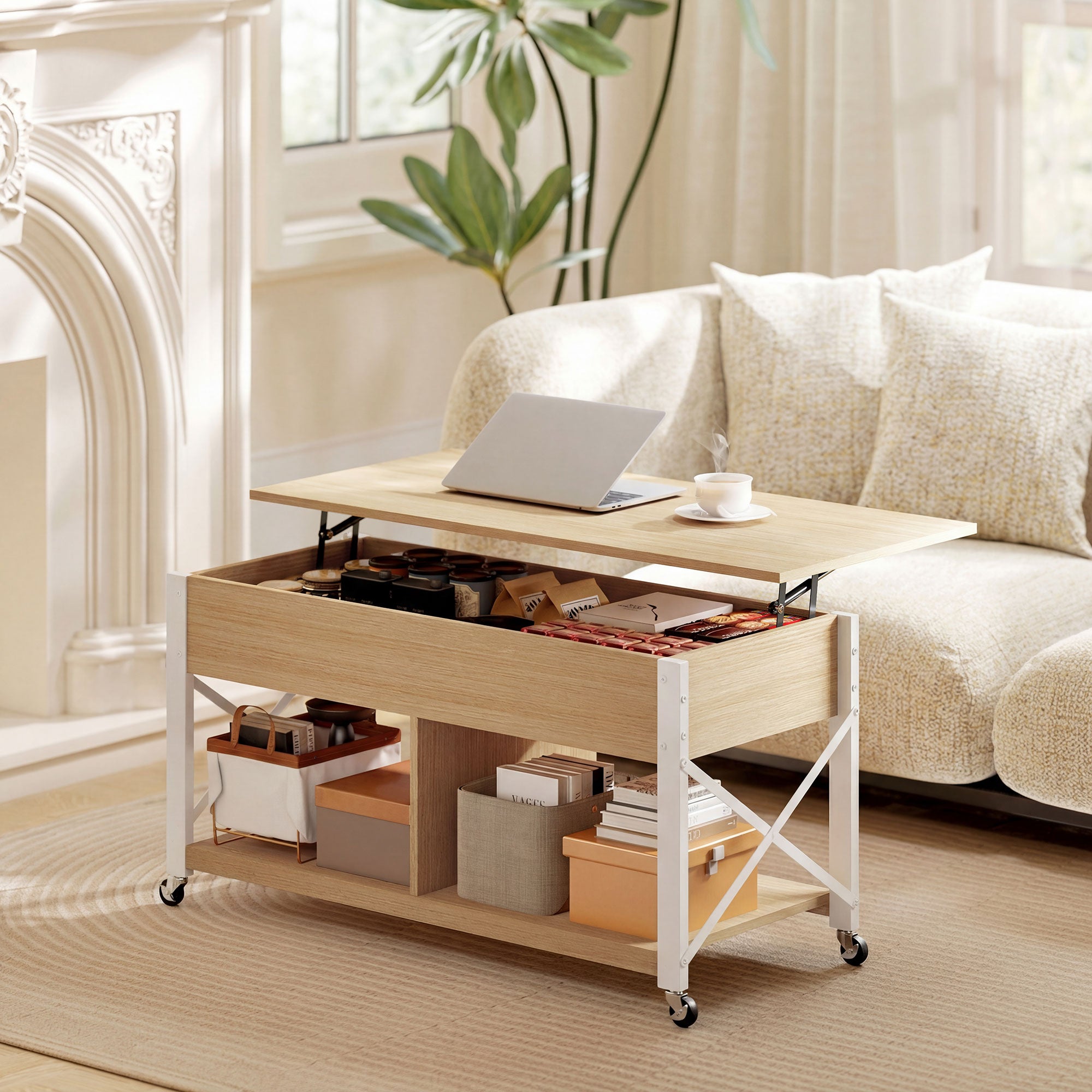 Homcom Mesa Centro Elevable Melamina De Madera, Metal Madera Natural Y 105X50x67 Cm 83B-555V00nd Blanco , Leroy Merlin