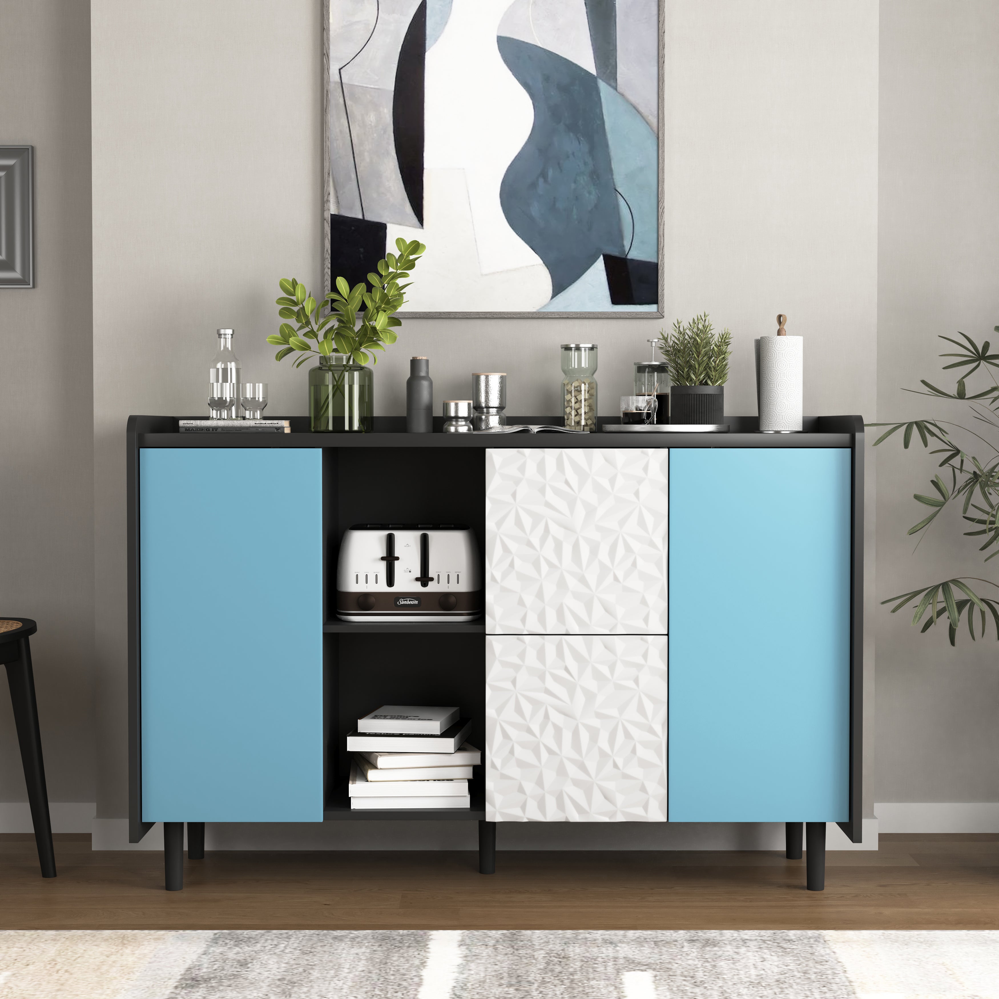 Aparador/buffet negro y azul con 2 cajones y 2 compartimentos abiertos, ideal para cocina y bar.