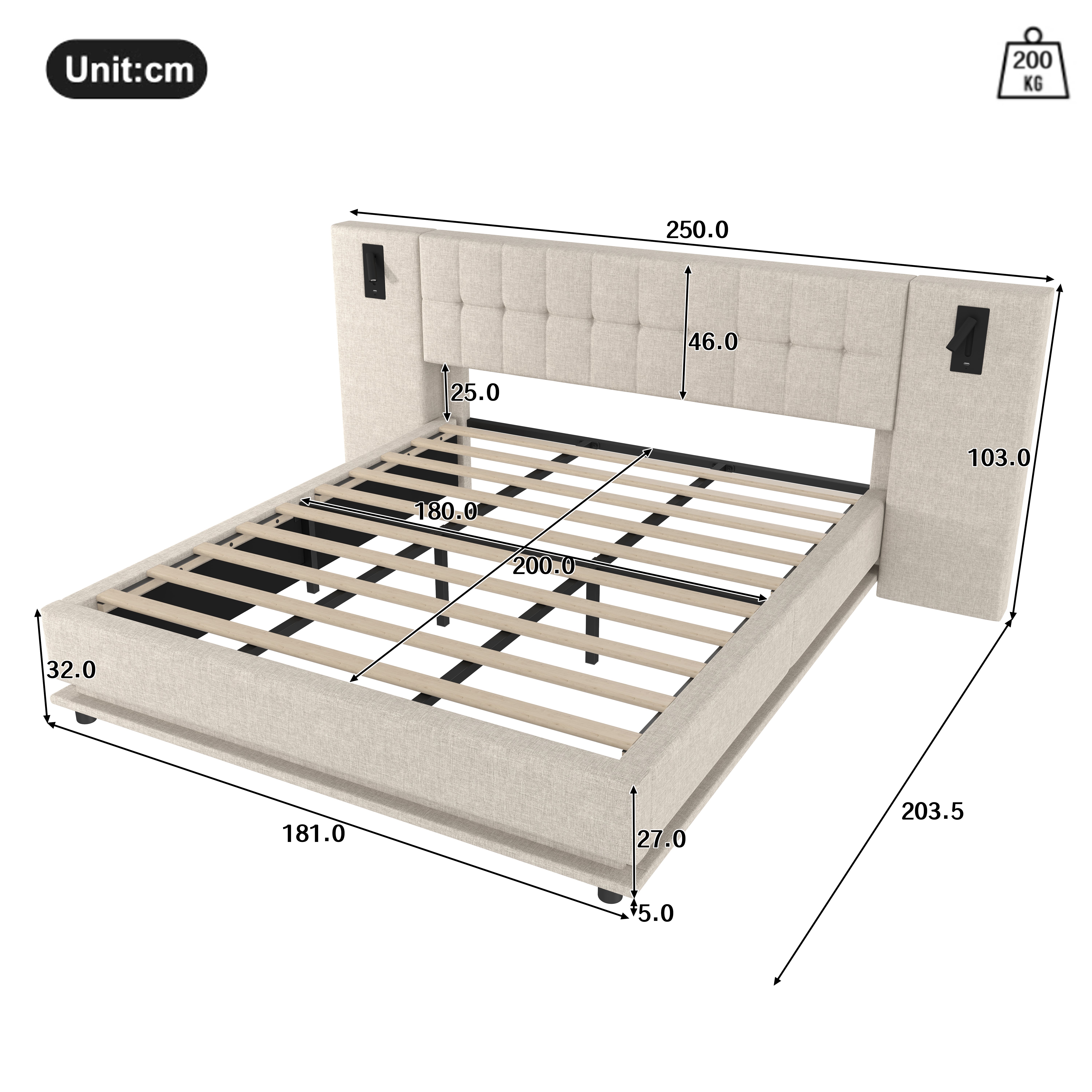 Cama estofada 180 x 200 cm com cabeceira grande - LEDs, tomadas USB e 2 candeeiros de cabeceira - Tecido de linho - Bege (sem colchão) - 8