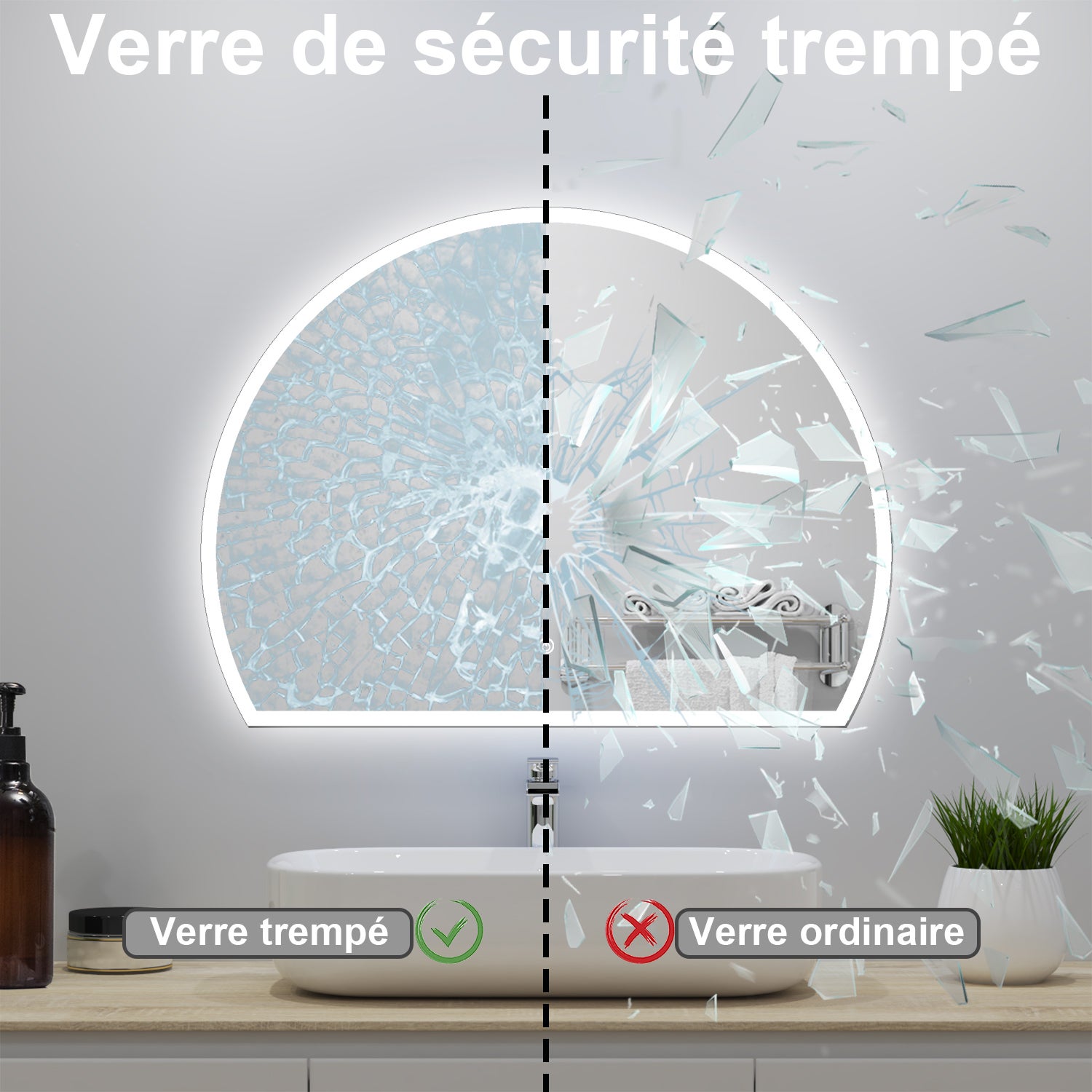 Miroir de salle de bain lumineux 80x60cm avec Anti-Buée + 3 Couleurs + Dimmable, Miroir LED Mural - 8