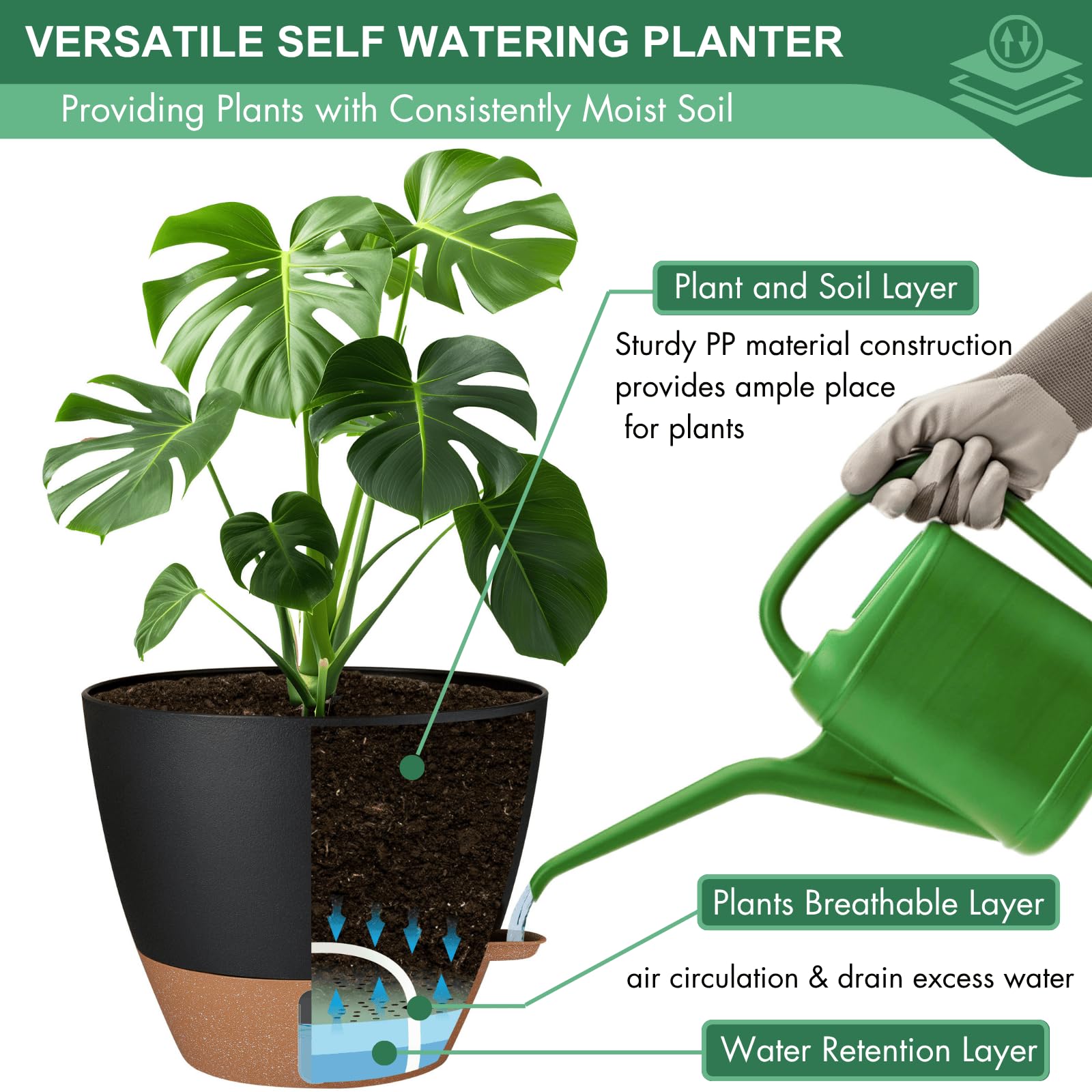 YM INTERNET Vaso auto-absorvente para plantas, vaso de plástico para uso doméstico que não necessita de rega, conjunto de 3 vasos para plantas verdes - 5