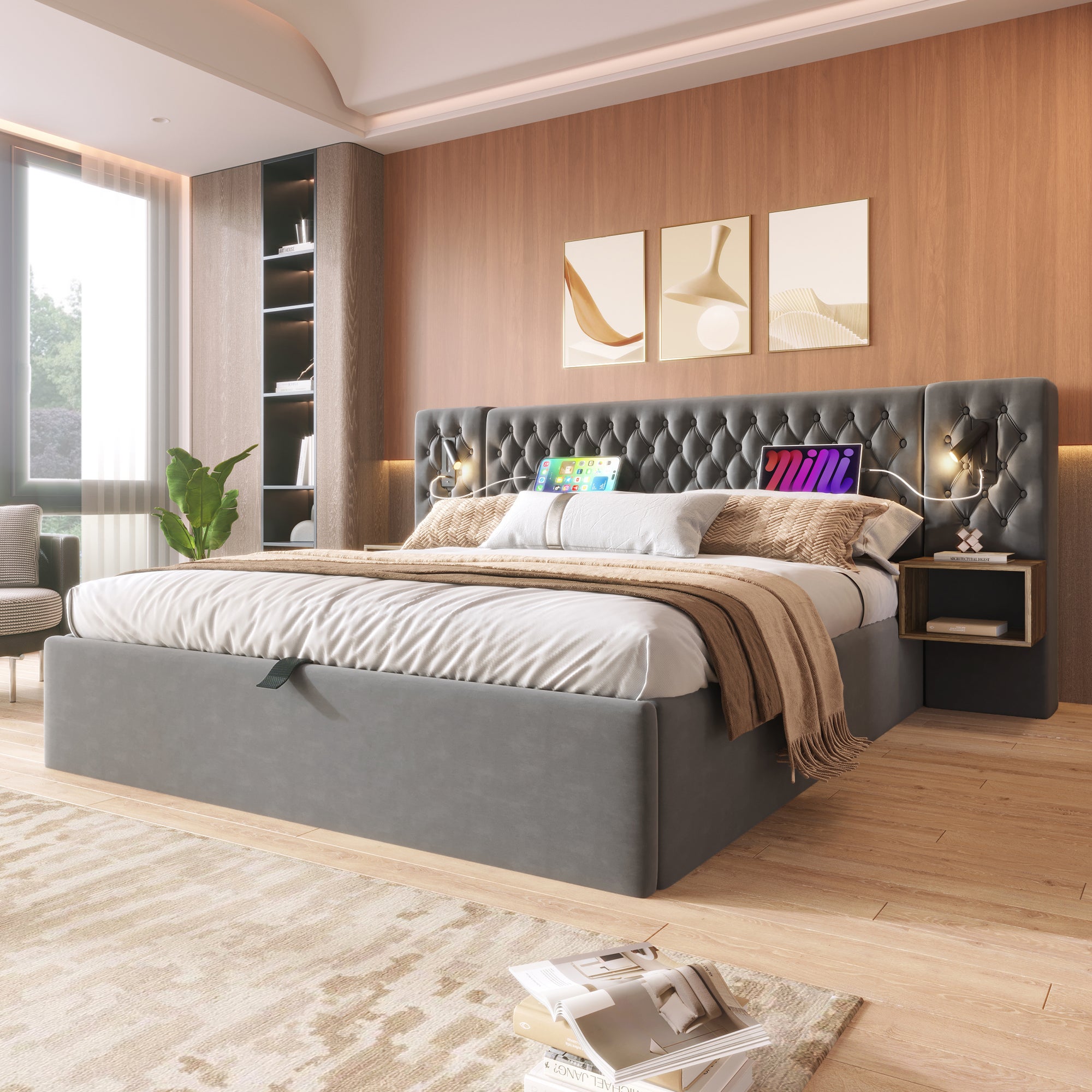 Lit 180x200 avec 2 tables de chevet et hydraulique, lampe de lecture de tête de lit avec chargement USB, Velours Gris(Sans Matelas) - 8