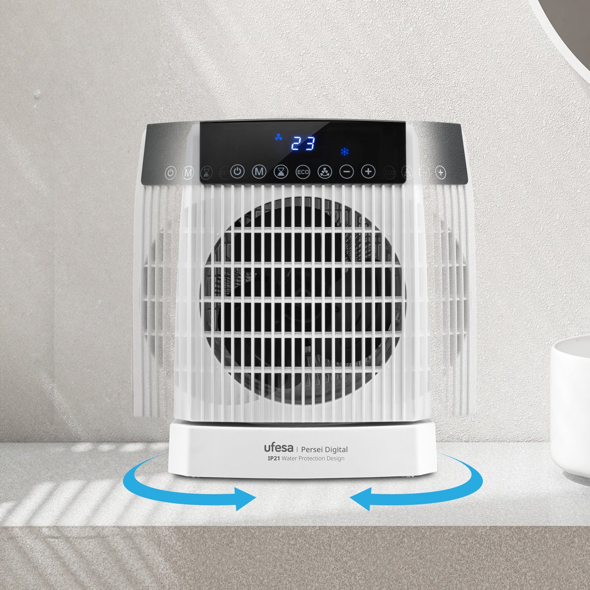 Ufesa Persei - Riscaldatore digitale da 2000 W, IP21, per bagno, 3 livelli di potenza termica/freddo, base oscillante, termostato regolabile, timer 24 - 4