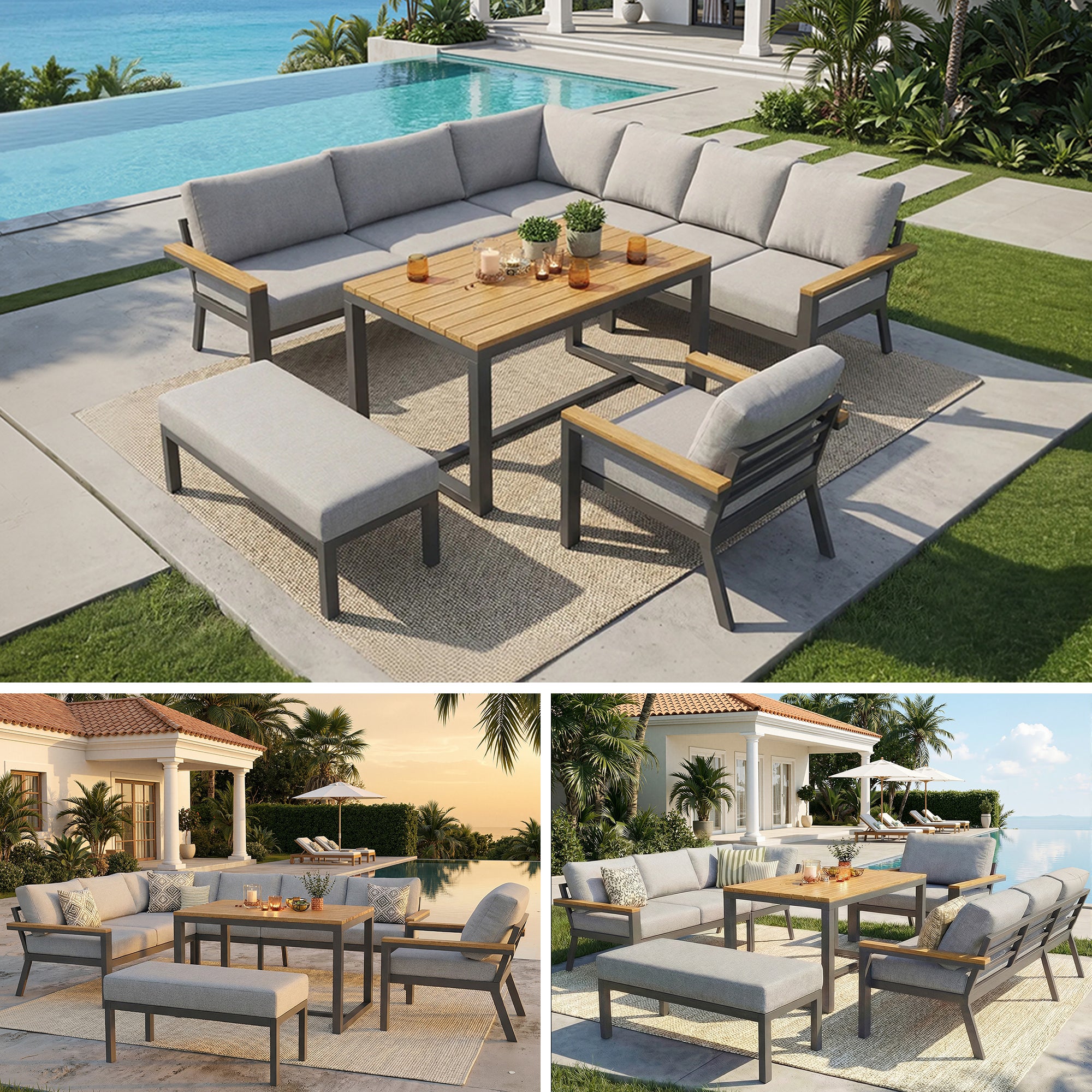 Salon de Jardin Exterieur pour 8 personnes,avec table en bois,Canapé d'angle extérieur en forme de L avec coussins,Ensemble de jardin en fer,Gris - 2