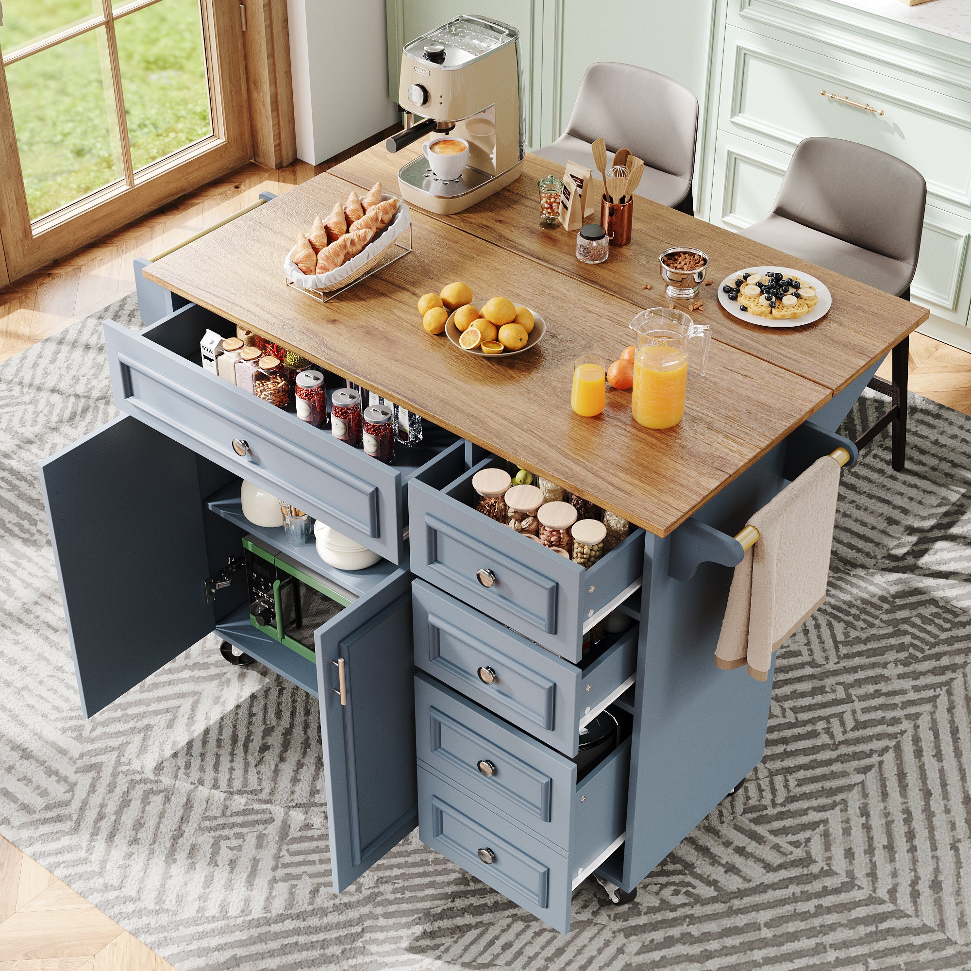 Isla de cocina - encimera abatible y almacenaje modular - mdf - azul (110x45x92cm)