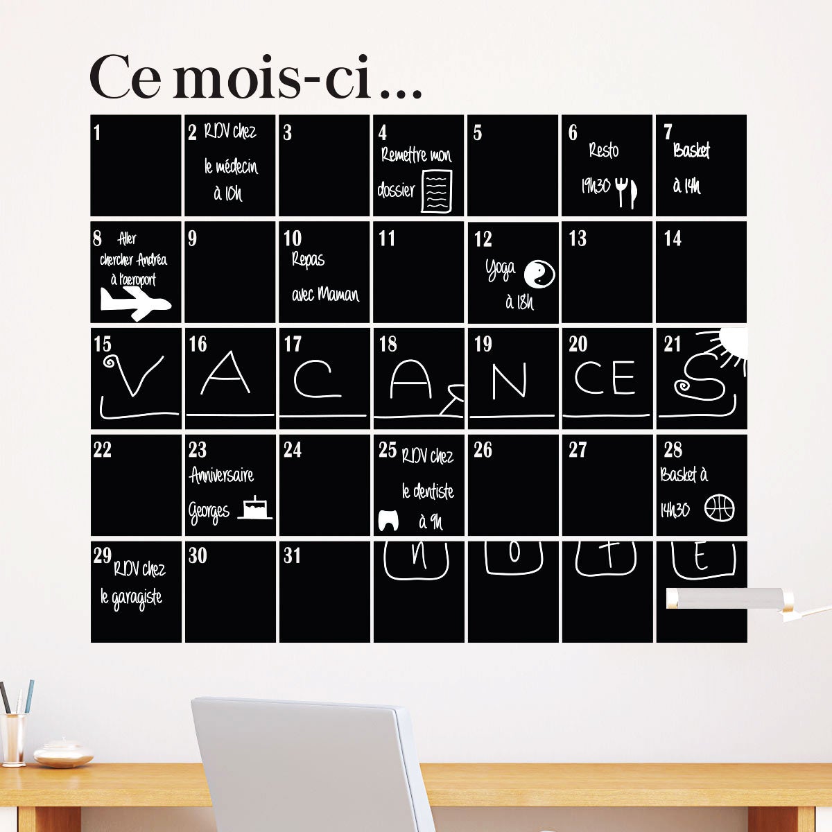 Vinilo pizarra calendario mensual - adhesivo de pared - revestimiento sticker mural decorativo - 85x95cm