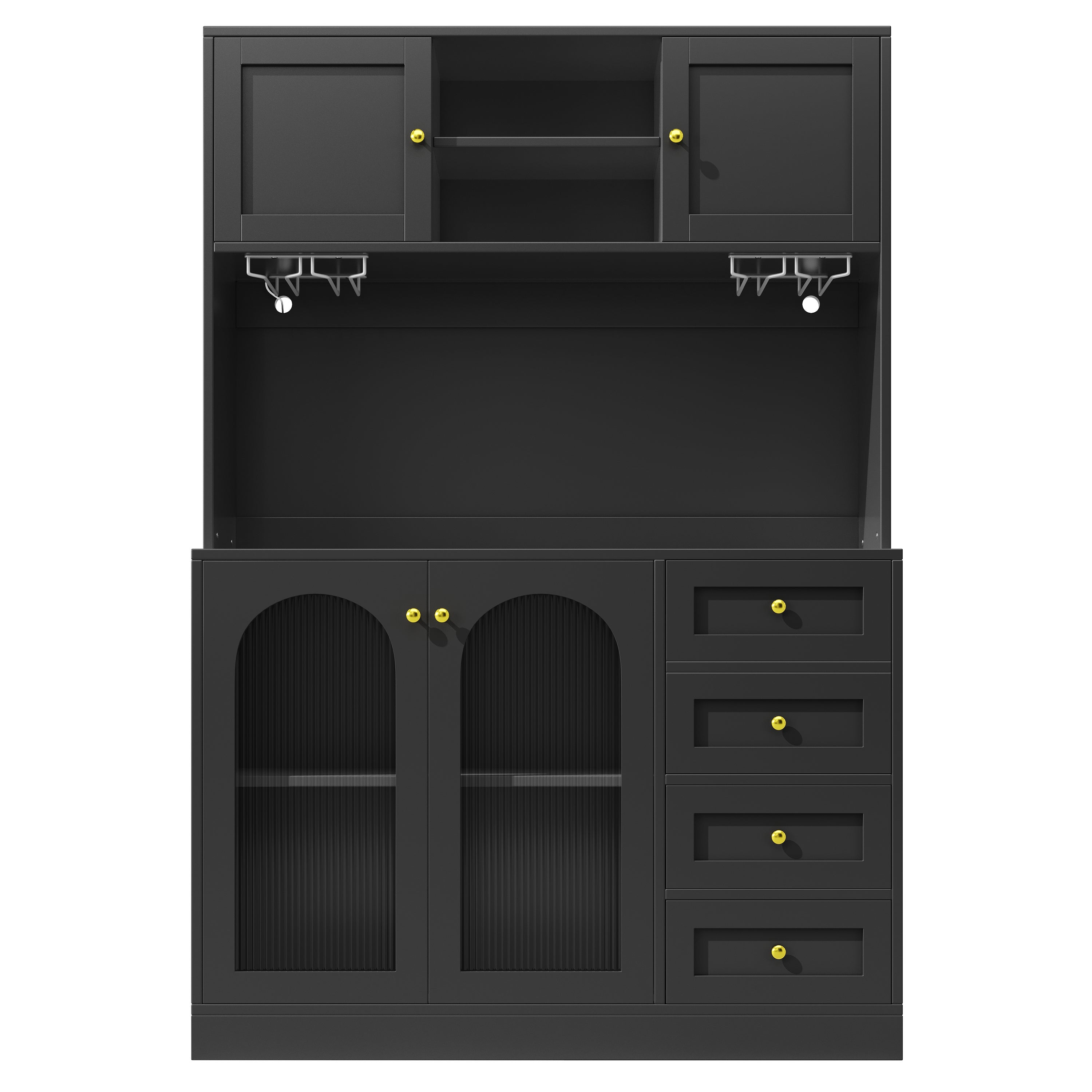 Buffet de cuisine haut avec 4 portes, 3 tiroirs et porte-gobelets - 120 x 40 x 188 cm - MDF - LEDs - Noir - 9