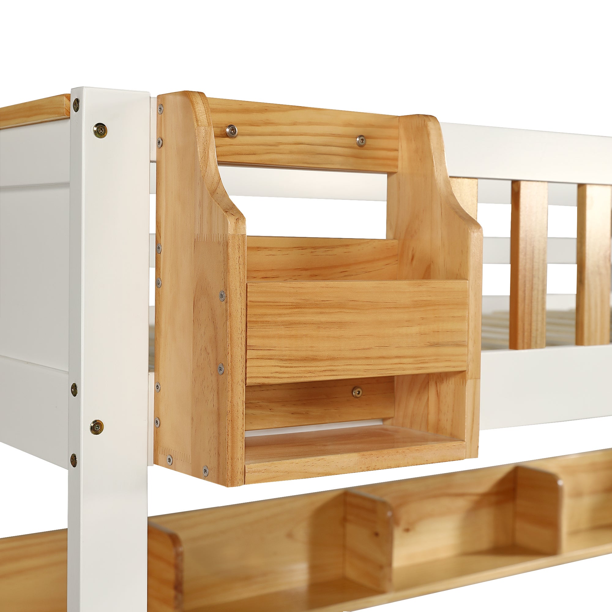 Letto a castello con scala contenitore - 90x200 cm - 4 armadietti sulla scala e 2 cassetti sotto il letto - con rete a doghe - Bianco - 8