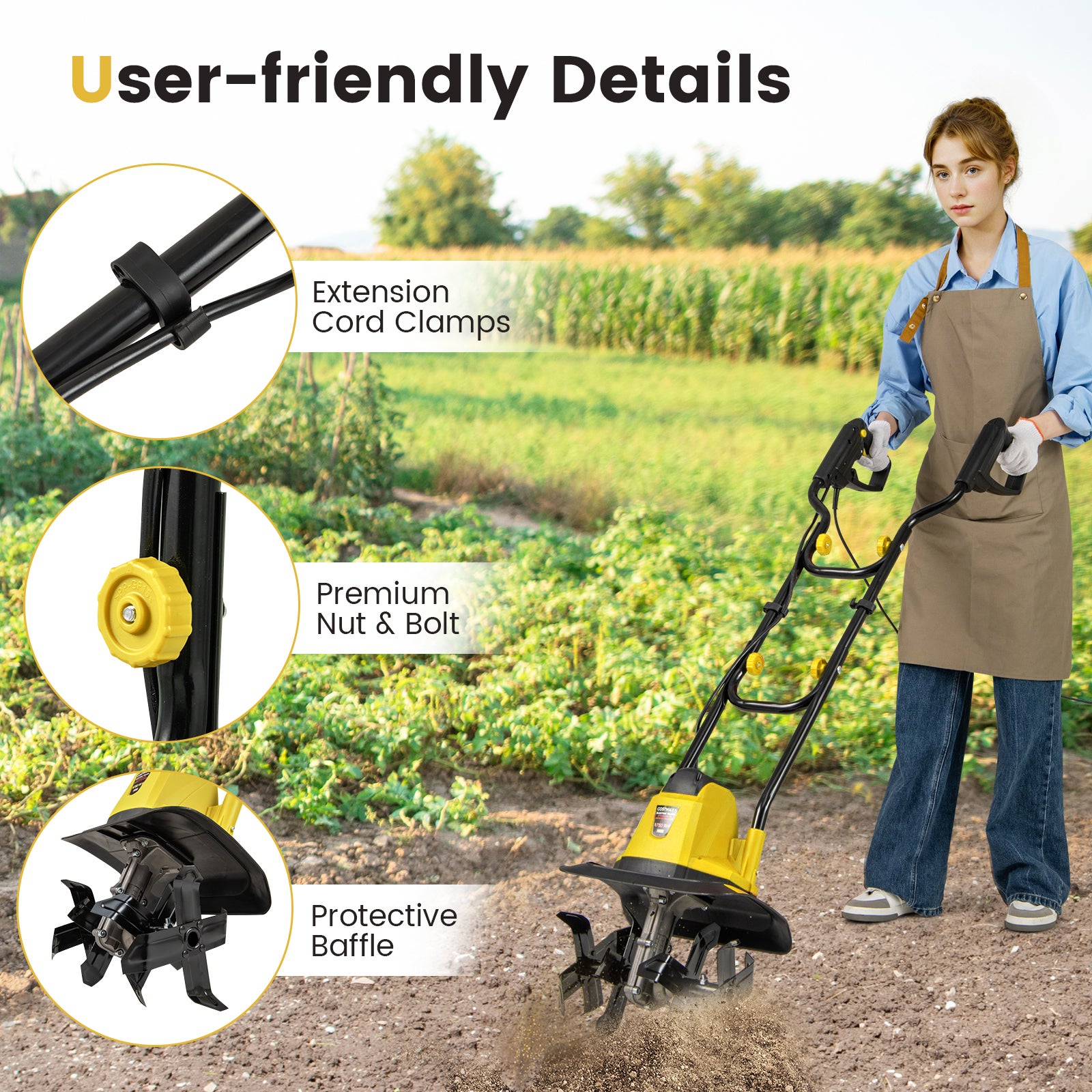 Motozappa Elettrica a Filo, Zappatrice da Giardino con Manico Ergonomico e Motore Forte, Motocoltivatore Pieghevole per Scavare Terreno del Prato (32, - 4