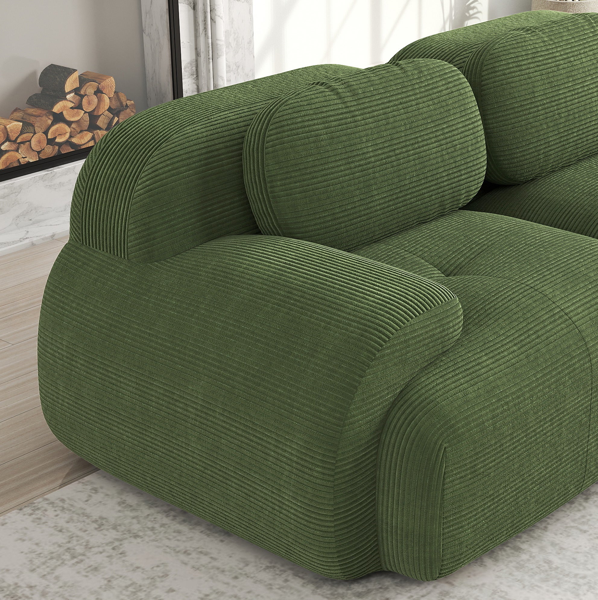 Canapé d'angle modulable 3 places sans montage, sans cadre, en tissu côtelé vert, ergonomique, 298 × 178 × 70 cm - 8