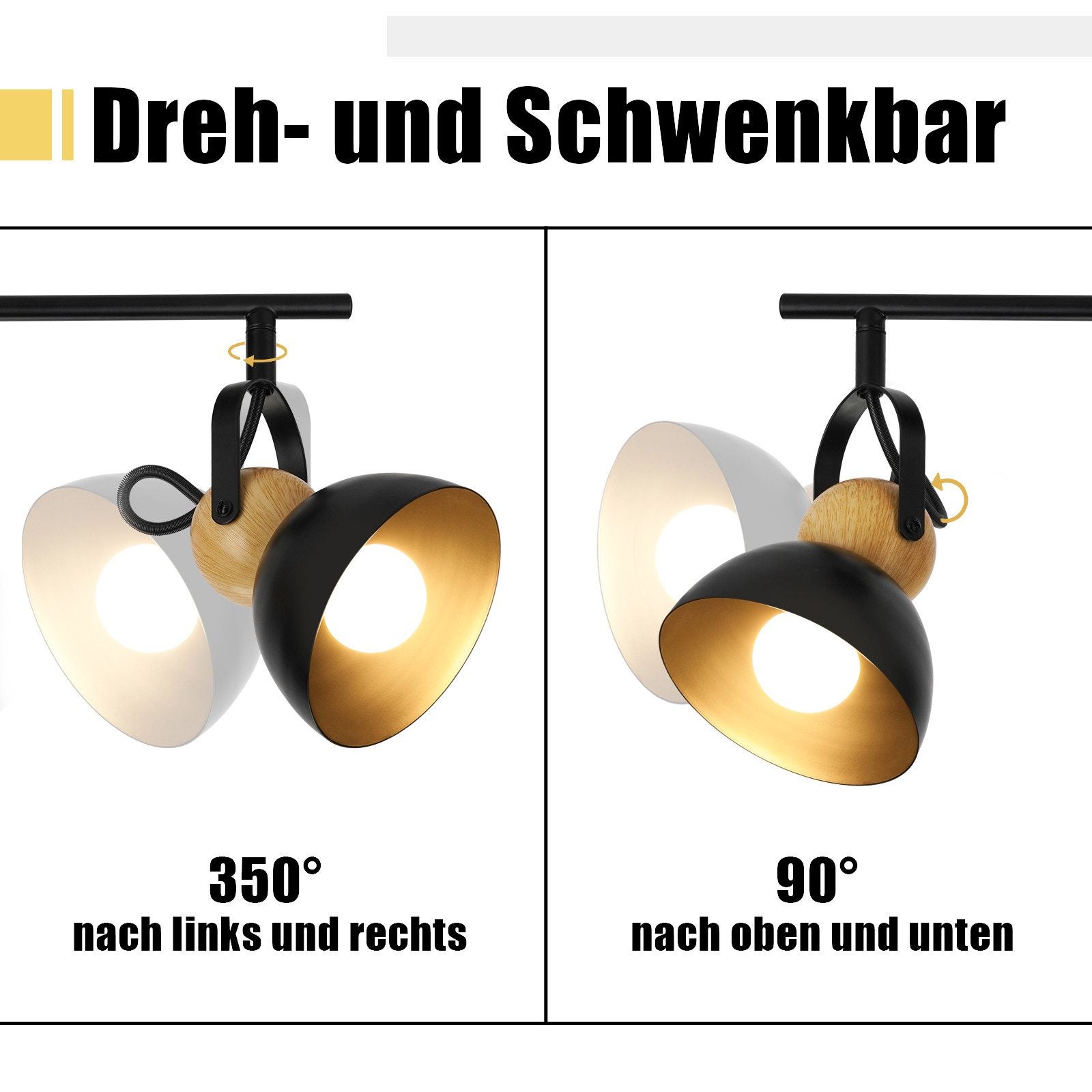 Projecteur Plafonnier 4 Spots Orientables Noir & Bois | Style Rétro GU10 - Pour Cuisine, Salon, Bureau - 2